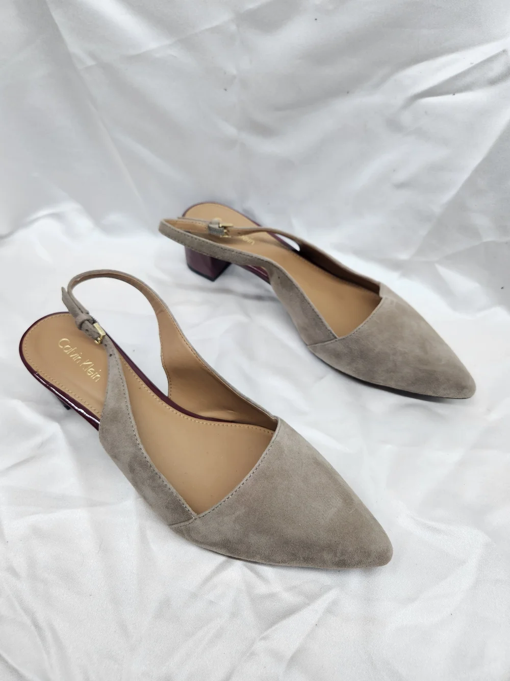 Calvin Klein Taupe Suede Pointed Slingback Kitten Heel
